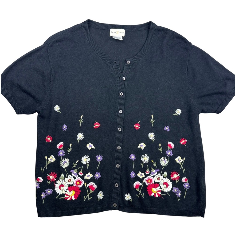 Jaclyn Smith Womens XL Black Floral‎ Embroidered Short Sleeve Cardigan Sweater
